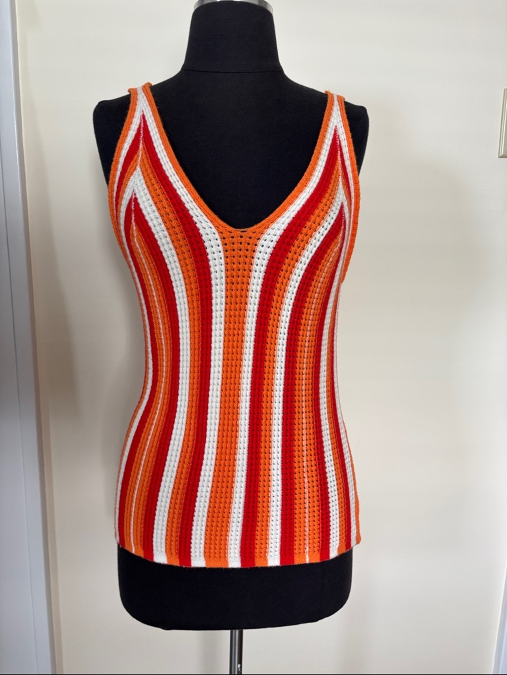 Crochet Orange Red White V-Neck Summer Tank Top